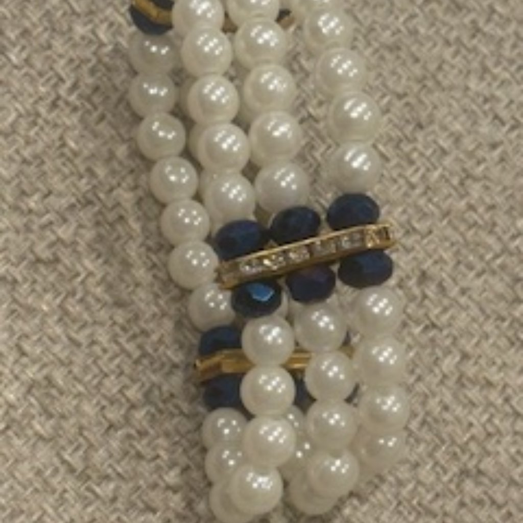 Elastic Bracelet-One Size Fits All-3 Strands Of Faux Pearls, Blue & Clear Stones